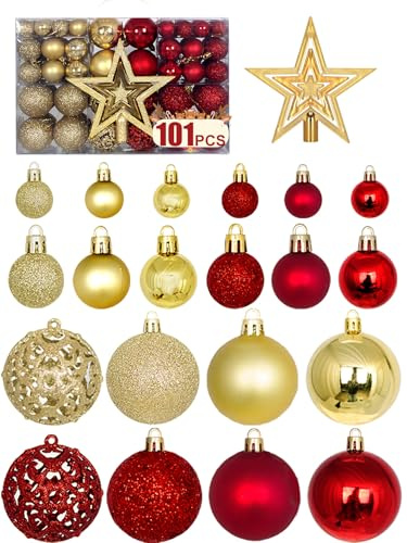 [101 Stück] Weihnachtskugeln Kunststoff mit Baumspitze Stern, ∅ 3/4/6 cm | Christbaumkugel mit Aufhängen, Bruchsicher Weihnachtsbaumschmuck Outdoor, Weihnachtsschmuck Deko Weihnachtskugel-Set Rot Gold