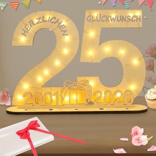 Seutgjie Originelle Geschenk 25 Geburtstag Frau Mann 2001-2026, 25 Jubiläum Silberhochzeit Deko, Holzschild 25 Geburtstag Deko, Geldgeschenke Geburtstag 25 mit LED Lichterkette Geschenkpapier