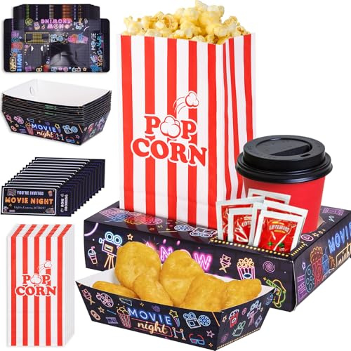Nexhyp 48PCS Movie Night Accessories Snack Tray Set - Recyclable Reusable Red Popcorn Boxes Bags, Reusable Cardboard Trays, Movie Ticket Cards for Home Cinema Nights and Themed Parties