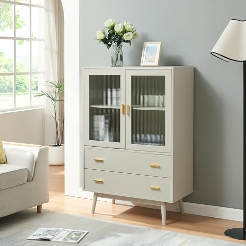 [en.casa] Credenza con Vetrina Armadietto con Ante in Vetro Scanalato e 2 Cassetti Madia per Cucina Soggiorno Sala Pranzo 120x80x40 cm Beige