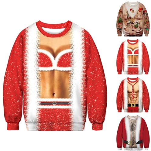 Ful jultröja för män oförskämd hårig brösttoppar klibbiga julkläder roliga julkostymer överdimensionerad långärmad pullover toppar nyhet matchande familj semester kläder, Röd 2, L