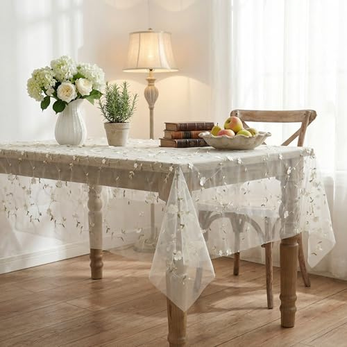 Horaldaily White Gauze Floral Tablecloth 60×84 Inch Rectangular, Beige Flower Spring Summer Tulle Table Cover, Garden Party Decor for Wedding, Party, Holiday Dining
