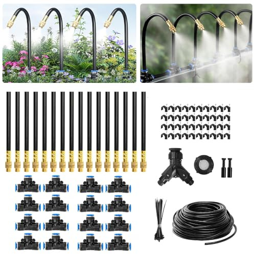 KBIBCK Irrigation System Kit, 100 FT Automatic Drip Irrigation Kit with 1/4 inch Tubing and 360° Adjustable Nozzles, Automatic Garden Watering System for Greenhouse, Yard, Lawn, Plant