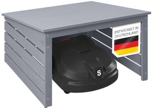 STEELSØN Myrion Mähroboter Garage – Rasenmähroboter Garage aus Kiefernholz Grau – Rasenmäher Roboter Haus mit abnehmbarem Pultdach – Mähroboter Überdachung UV- & wetterbeständig – für gängige Modelle