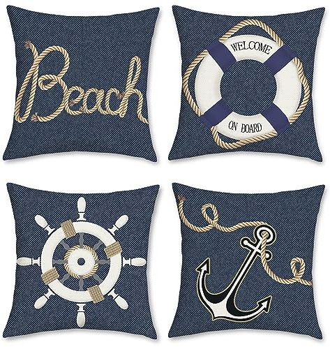 Bonhause 4er Set Kissenbezüge Nautisch Anker 50 x 50 cm Doppelseitig Denim-Textur Polyester Leinen Blau Dekorative Kissenhülle Zierkissenbezüge für Sofa Schlafzimmer Wohnzimmer Zuhause Dekoration