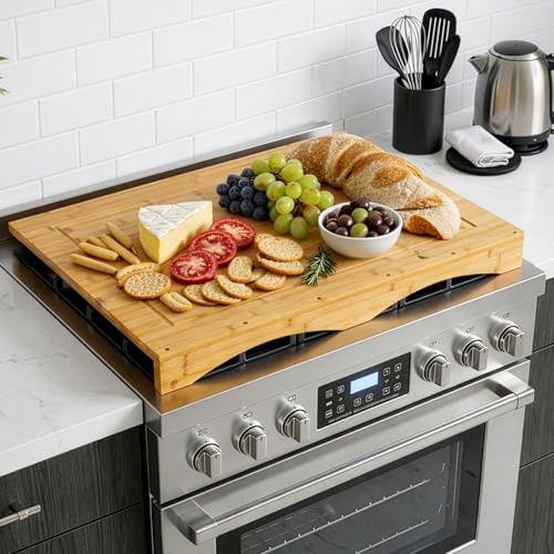 Bamboo Cutting Board Stove Cover with Juice Groove (75x54x7.5cm), Reversible Serving Tray Wooden Noodle Board Stovetop Kitchen Sink Hob Cover Extra Counter Space, Raised Hob Protector for Cooled Stove