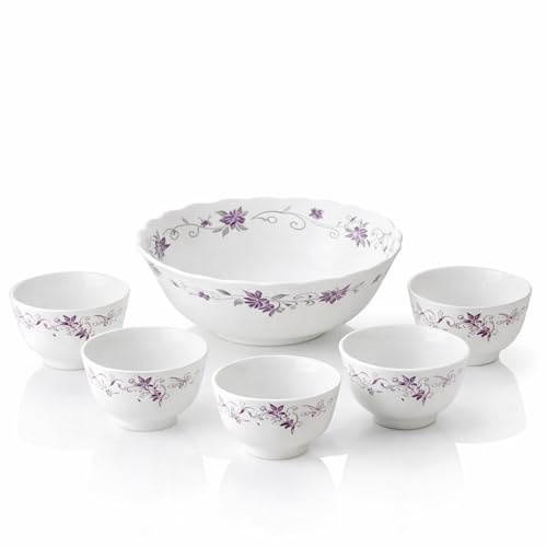 Reldor Opal Glass Bowl Set 7 Pieces – 1 Large 8 inch Serving Bowl + 6 Small 4.5 inch Bowls – Microwave & Dishwasher Safe, Break Resistant Soup, Salad & Dessert Bowls (Purple Floral)