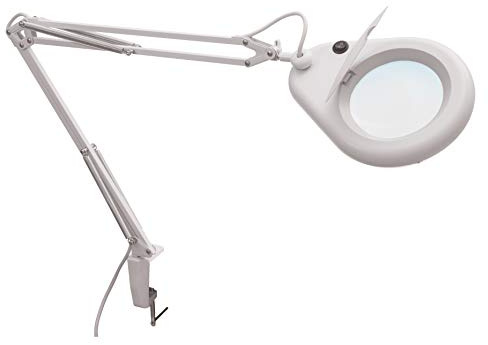 PURElite Circular LED Magnifying Lamp White, 10cm Optical Lens 2x Magnification, Daylight Desk Light with Metal Table Clamp, Mains Powered