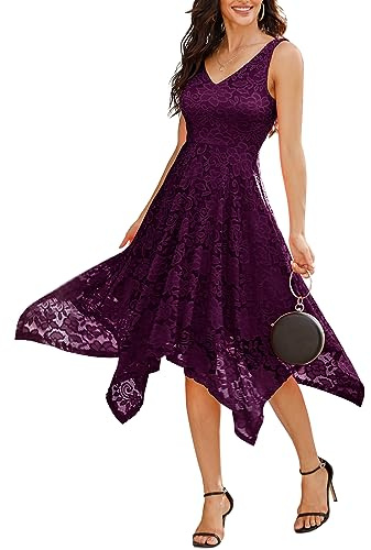 Meetjen Women's Summer Wedding Guest Dresses Asymmetrical Lace Homecoming Prom Graduation Bridesmaid Dress Grape L
