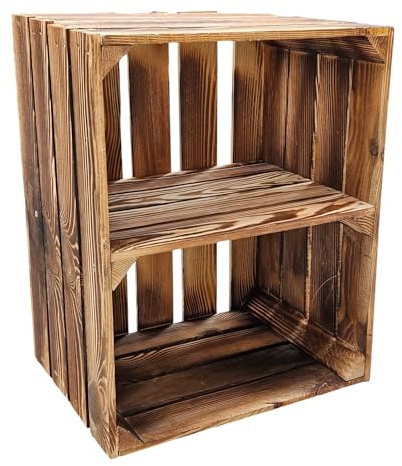 Teramico Holzkiste geflammt 50x40x30cm Set (Einzel - Kiste, Ablage Kurz) | Neu geflammte Obstkisten; aus Handarbeit; mit festen Zwischenböden; ideal für Aufbewahrung, den Möbelbau und Dekoration.