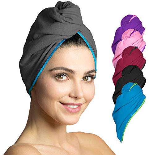Fit-Flip Haarturban Mikrofaser schnelltrocknend und saugstark | Dunkelgrau-Blau, 1 Stück, Haarhandtuch mit Knopf, Microfaser Kopf Turban, Haar Handtuch