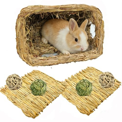 Hamiledyi Bunny Grass House Guinea Pig Grass Bed Hand-Woven Hay Hut Natural Seagrass Balls for Dwarf Rabbit Guinea Pig Chinchilla Ferret Hedgehog
