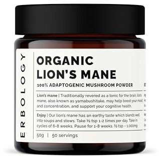 Erbology Organic Lion's Mane Mushroom Powder 50 Servings - 32% Beta-glucans - Calm and Focus - Hericium Erinaceus - Small Batch - Sustainably Grown in Europe - Vegan - Non-GMO - No Added Fillers