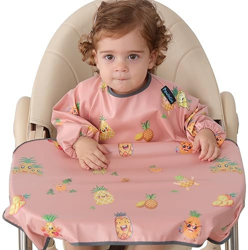 PewinGo Bavoir Bebe & Bavoir de Sevrage Avec Bavoir Manches, se Fixe à Votre Chaise Haute, Bavoirs pour Bébé avec Manches Imperméables, Confortables et Doux pour BLW Mess-6 mois à 3 ans (Rose)