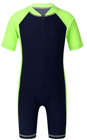 YOOJIA Kinder Jungen Mädchen Athletic Badeanzug Kurzarm Schwimmanzug Bademode Neoprenanzug Badebekleidung mit Badekappe Navyblau&Grün 122-128