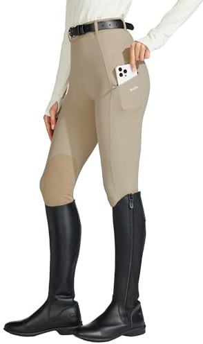 Willit Women's Horse Riding Pants Knee-Patch Equestrian Breeches Horseback Schooling Tights Zipper Pockets Khaki M