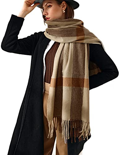 TOPLAZA Damen Langer Schal Karierter mit Quasten Winterschal für Warmen Winter, Braun, Einheitsgröße