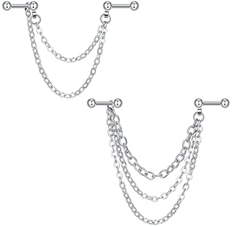 LAURITAMI 2stk 16G Ohrstecker mit Kette Chirurgenstahl Knorpel Tragus Helix Ohrpiercing Cartilage Stab Doppel Kette Dangle