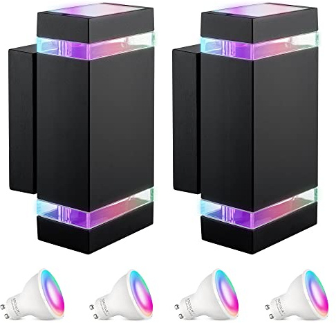 SSC-LUXon 2 Stück ZORA Up Down Wand Außenleuchte LED IP44 mit 4x Smarthome GU10 RGB WLAN - Wandleuchte schwarz eckig steuerung per App & Sprache
