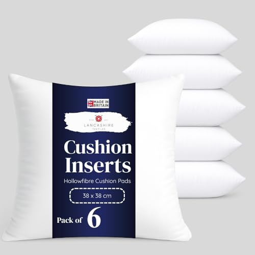 Lancashire Textiles 6 Pack 15 x 15” (38 x 38cm) Quality Microfibre Super Bounce Fibre Cushion Pads Made in Britain with Cotton Blend Casing & Our Luxury Hollowfibre Filling