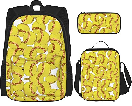 IUBBKI Schulrucksack-Sets, 3-teilig, Studenten, Teenager (Softball, Gelb), Büchertasche + Lunchpaket + Federmäppchen, süße College-Arbeits-Fitnessstudio, Wandern, Angeln, Computertasche