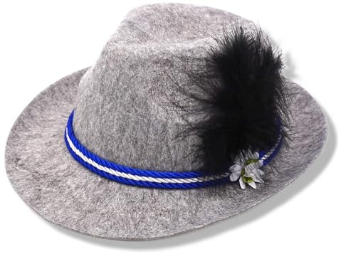 bayerischer Trachtenhut HANS – hellgrauer Fedora mit Feder, Edelweiß & Hutband | Oktoberfest, Volksfest, Fasching & Party