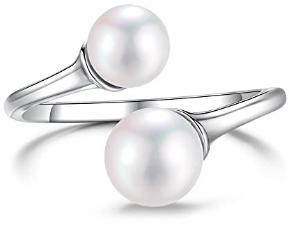 LUCKMORA 2 Freshwater Pearl Ring Sterling Silver Double Pearls Rings for Women 925 Adjustable Open June Birthstone Rings with Real Round Genuine Cultured Stackable