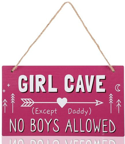 FOMIYES Wood Girl Cave Hanging Sign Pink Funny Girls Room Warning Plaque Poster No Boys Allowed Except Dad Sign for Bedroom Dressing Room Wall Art Decor