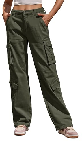 ZMPSIISA Women Pants High Waisted Cargo Pants Combat Military Wide Leg Casual Trousers 8 Pockets(Green,X-Large)