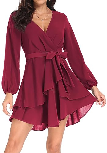 PCEAIIH Women's Cocktail Dresses Long Sleeve Empire Skater Dress Deep V-Neck Waist Tie Ruffle Mini Swing Dresses L Wine Red