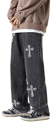 LIXQQS High Street Cross Patch Jeans Mens Trendy Brand Hip-Hop Handsome Straight Loose Wide Leg Long Pants