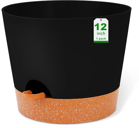 GARDIFE 12 Inch Plant Pots, planters, Self Watering Pots, Large Plastic Flower Pots with Deep Reservior and High Drainage Holes for Indoor Outdoor Plants and Flowers, Black