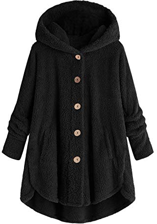 tsaChick Damen Mantel Frauen Plus Größe Knopf Plüsch Tops mit Kapuze lockere Strickjacke Wollmantel Winterjacke Hoody Damen Oversize PlüSchjacke