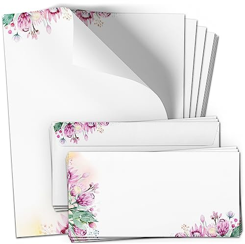 10 Briefpapier mit Briefumschlag Set | Romantisch Blumen Brief | Papier und Umschlag mit Design-Motiv bedruckt | 90 g/m²