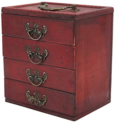 TOPINCN Boîte à Bijoux en Bois Vintage Boîte à Cosmétiques 4 Couches Organisateur Rétro Antique Boîte à Tiroirs de Grande capacité Coffre au Trésor Organisateur de Bijoux Armoire à
