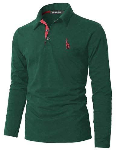 KUNJLELP Mode Polo pour Homme Manches Longues Broderie Girafe T-Shirt Slim Coton Polo de Travail Golf Rugby M-3XL