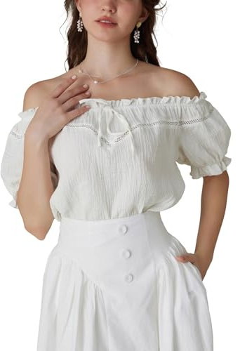 Scarlet Darkness Damen Renaissance Shirt Schulterfrei Puffärmel Loose Fit Sommer Tops, Elfenbein, Groß