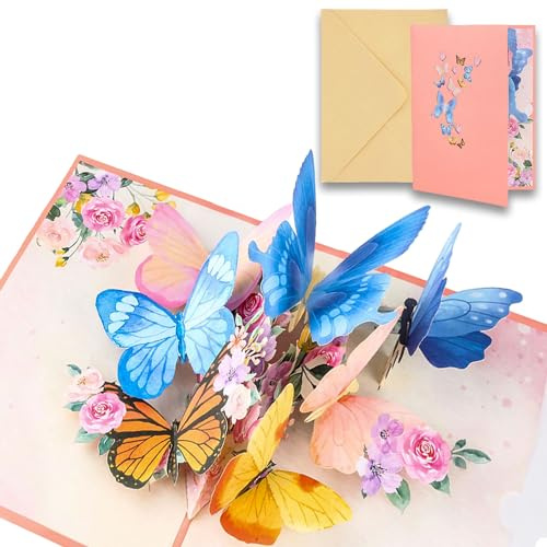 3D Pop-Up Schmetterling mit Blumen-Karte Geburtstagskarte in der Natur mit Umschlag für Frau, Freundin & Mutter (Geburtstagskarte, Gute Besserung, Jahrestag, Danke)