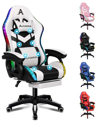 ALFORDSON Gaming Stuhl, Racing Gamer Stuhl mit LED RGB Beleuchtung, Massaging Computersessel mit Fußstütze, Ergonomischer Drehstuhl mit hebelbetätigter Rückenlehne, Weiß