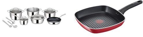 Lagostina Evelia Set di Pentole Induzione, Gas e Forno in Acciaio Inox 18/10, 13 Pezzi & Grill Antiaderente in Alluminio 26x26 cm, Induzione, Gas e Forno