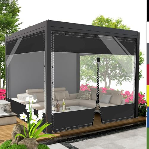 HQQMNY Glasklar Abdeckplane mit ösen Plane Wasserfest 0.5mm Outdoorvorhänge mit Ösen Zeltplane aus 560g/m² PVC Wetterfeste Gewebeplane Regenplane (Schwarz + 1 Reißverschluss, H2,2mxL3m)