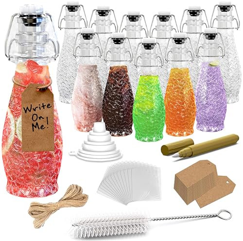 Nevlers 8.5 Oz Textured Swing Top Glass Bottles 12 Pack | 250 mL Clear Teardrop Flip Top Bottles for Parties, Brewing, Fermenting, Gifts | Includes Shrink Wrap, Paper Tags, Funnel, Brush & Gold Marker