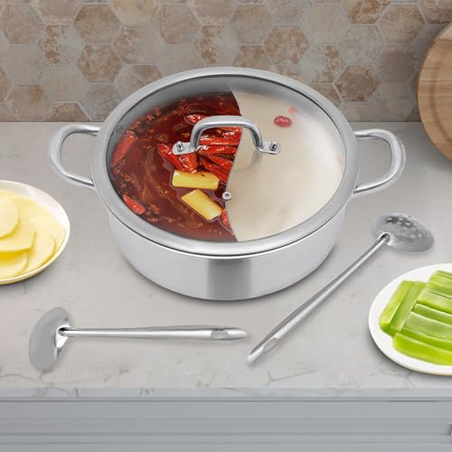 BOEITM kastrull i rostfritt stål med avdelare, kastrull med sked/läcksked, rostfritt stål rostsäker soppgryta hotell hot pot med glaslock för hotell, restauranger, privata hem (32 cm)