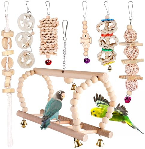 Vogelspielzeug Wellensittich Spielzeug Vogelkäfig Zubehör: 7 Stück Papageienspielzeug Holz, Wellensittich Schaukel mit Glocke, Vogel Spielzeug für Wellensittiche Papageien Sittiche Nymphensittiche