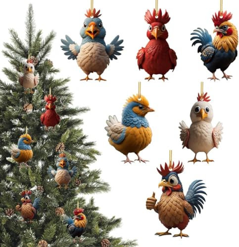 6 Pcs Funny Chicken Xmas Tree Decorations - Acrylic Hanging Chicken Decor with Rooster Christmas Tree Pendants