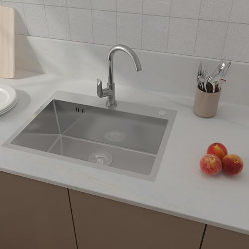Évier Argent en Inox, 1 Bac 60x45cm, avec Trop-Plein et Vidange Rapide, Évier de cuisine durable et élégant, finition brossée