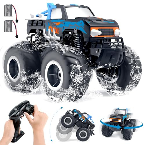 Gindoly Macchina Telecomandata, 2,4 GHz macchina telecomandata per bambini, 4WD 15+ km/h Monster truck radiocomandato,veicolo anfibio con telecomando-Lo squalo