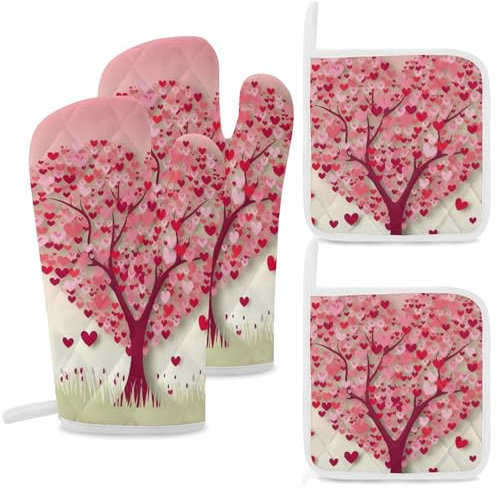 Set di 4 guanti da forno e presine con stampa di alberi a forma di cuore, resistenti al calore, guanti da forno extra lunghi e cuscinetti caldi, guanti da cucina antiscivolo in poliestere per cucine