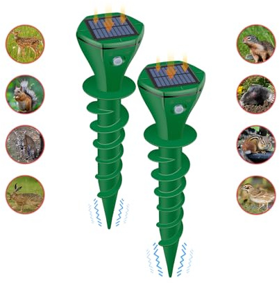 Mole Repellent Solar Powered, 2 Pack Ultrasonic Gopher Repeller IP65 Waterproof for Lawn Garden Yard, Sonic Vole Repellent Mole Killer Outdoor Get Rid of Snake Groundhog Chipmunk Squirrels-Dark Green