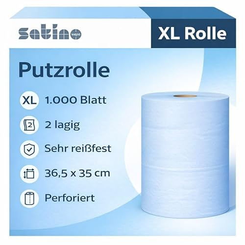 Reinigungstücher – 1.000 Blatt – 2-lagig – Blatt: 36,5 x 35 cm – Rolle: Ø 27 cm/Höhe: 36,5 cm - Made in Germany - reißfest, saugstark & ergiebig – blaue Putztücher - Satino